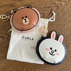 NWT! New Furla x LINE Friends leather Coin Case Charm -BROWN / CONY White Navy